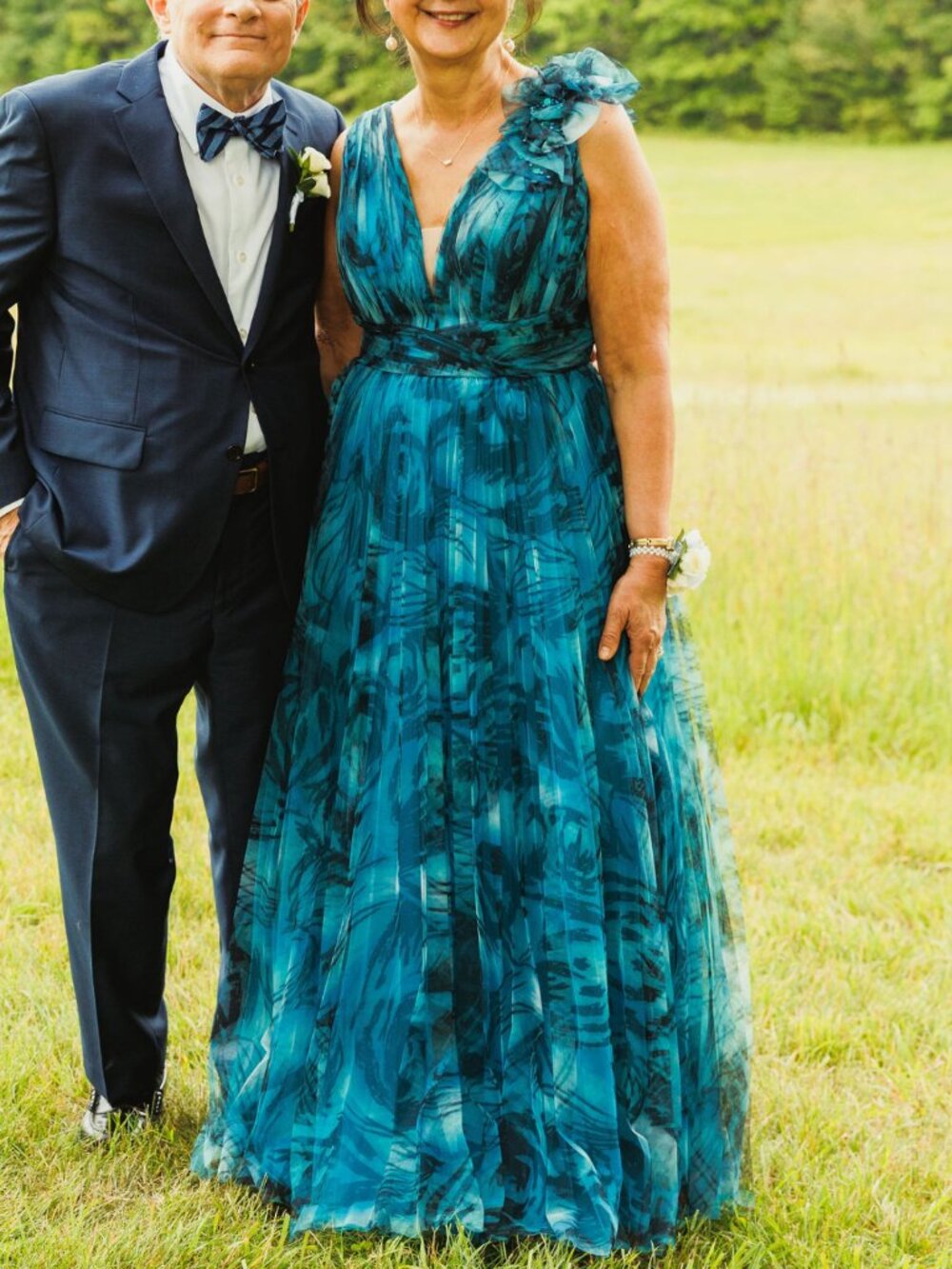 Marfil Barcelona Plus Teal Blue Floral-Print Formal Tulle Gown with V-Neck